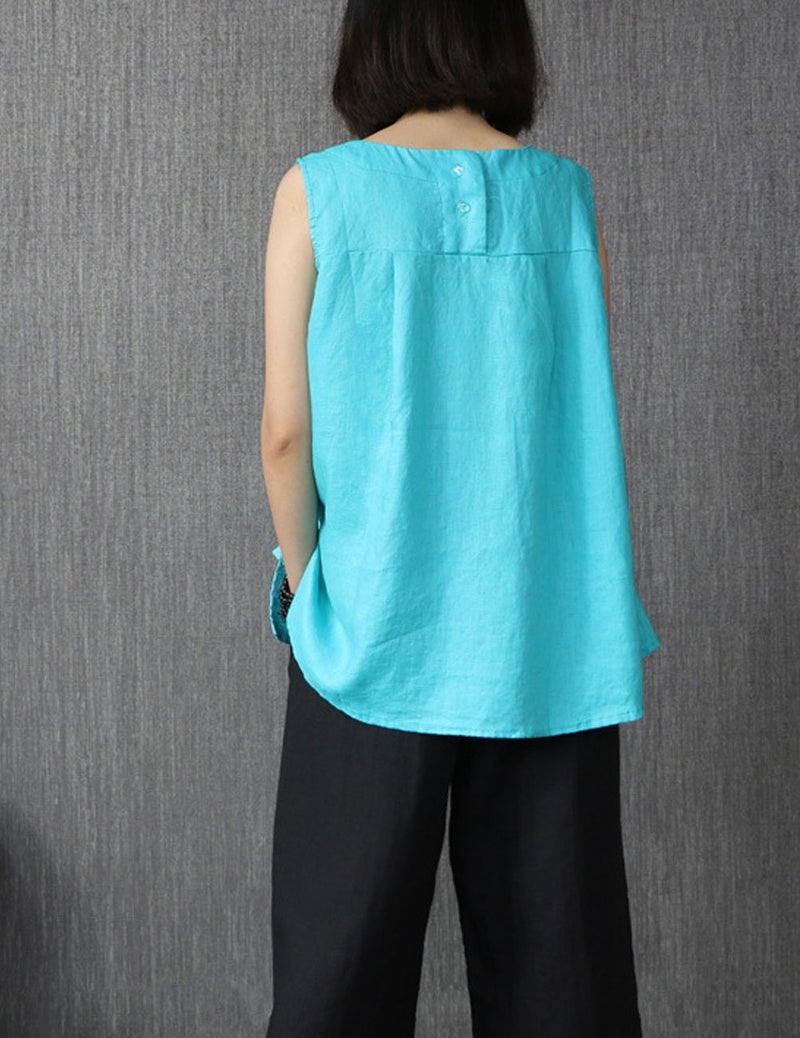 IXIMO Women's 100% Linen Sleeveless Tank Tops Summer Shirts Casual Blouses Blue2 XXL - Image 4